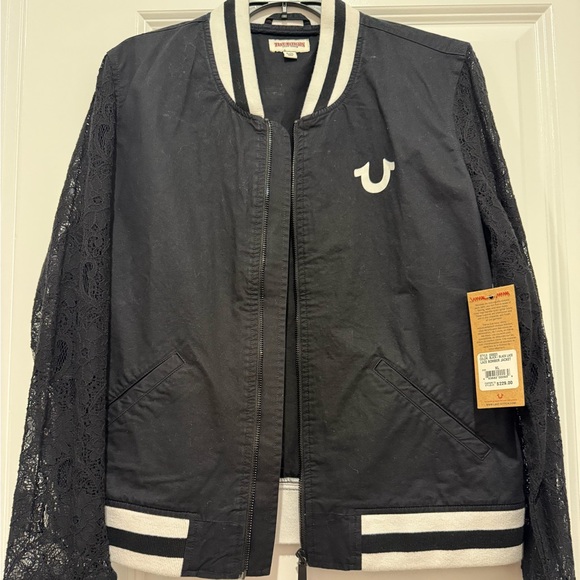 True Religion Jackets & Blazers - True Religion Discontinued Black Bomber Jacket with Lace Sleeves NWT